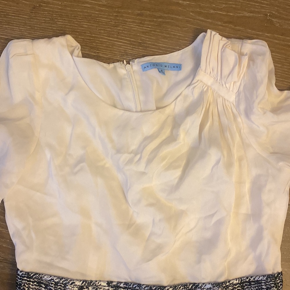NWOT Antonio Melani Silk Tweed Career Cocktail Work Pleat Dress Cream Black 8 M - Picture 2 of 3